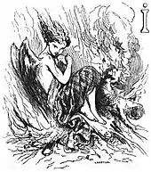 Engraving of a winged fairy wearing a tartan sitting on a fire