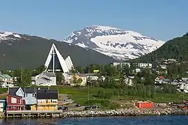 View of the Arctic Cathedral with Tromsdalstinden in the background