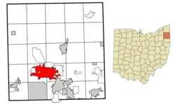 Location of Warren in Trumbull County in Ohio