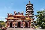 Fu, Lu and Shou statues on the roof of Ling San Temple, a Chinese folk religion's temple in Tuaran, Sabah, Malaysia