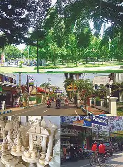 Top: Tulungagung Town Square (Indonesian: Alun-Alun Tulungagung), Middle: Agus Salim Road (Indonesian: Jalan Agus Salim), Bottom left: Tulungagung marble craft, Bottom right: Basuki Rahmad Road (Indonesian: Jalan Basuki Rahmad)