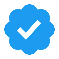 Blue eight-lobed badge with checkmark icon.
