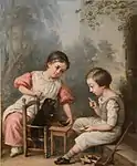 3 Children being entertained by a dog (19th century painting)