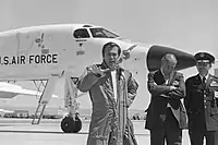 U.S. Secretary of Defense Donald Rumsfeld following a test flight on a brand new Strategic Bomber aircraft Rockwell B-1 Lancer, April 1976