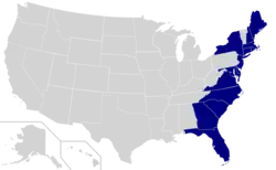 The East Coast of the United States highlighted in dark blue