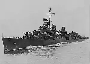 The U.S. Navy destroyer USS Foote (DD-511) underway, circa 1945.