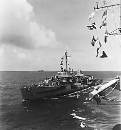 USS Paul Hamilton (DD-590) during the Iwo Jima campaign, 11 March 1945. She is wearing camouflage Measure 32, Design 3d.