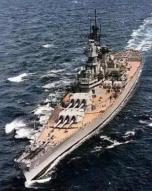 USS Wisconsin, photographed at sea in her 1980s configuration.