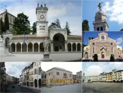 Top: San Giovanni Clock Tower and Liberta Square, Angel monument at Udine Santa Maria Church, Udine Cathedral, (left to lower right) Bottom: Via Mercatovecchio, Loggia del Lionello, Matteotti Square (left to right)
