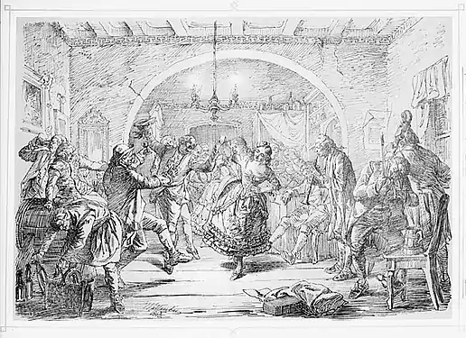 "Ulla dansar menuett": Ulla Winblad dances a minuet. Lithograph by Wilhelm Wallander&nbsp;[sv] (d. 1888)