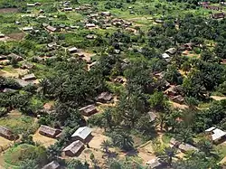 A partial aerial view of Boende territory, Equateur province, DR Congo. Boende is located on the banks of the river Tshuapa, east of Mbandaka. It encompasses a port and an airport allowing regular connections to Kinshasa via Mbandaka.