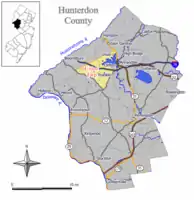 Map of Union Township in Hunterdon County. Inset: Location of Hunterdon County in New Jersey.