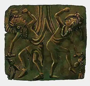 Image 46A illustration of the Upper Bluff Lake Dancing Figures repoussé copper plate, an artifact of the Mississippian culture found at the Saddle Site in Union County, Illinois. Image credit: H. Rowe (from Portal:Illinois/Selected picture)