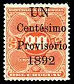 Uruguay, 1892: 1c provisional surcharge on 20c issue of 1889-1901.