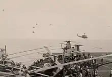 RVNAF Hueys and a CH-47 Chinook arrive at USS Midway