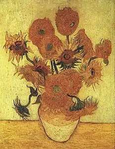 Sunflowers (F457), replica of the 4th version (yellow green background)Oil on canvas, 100 × 76&nbsp;cmSompo Japan Museum of Art, Tokyo, Japan.