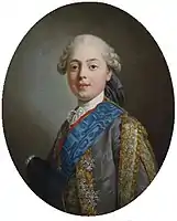 Charles X (1757–1836), the future King of France, as  Count of Artois in 1771, wears a curly powdered wig tied in a queue.