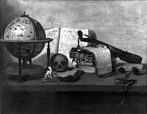 In style of Jan Davidsz. de Heem: Vanitas still life with books, a globe, a skull, a violin and a pocket watch ca. 1650, stolen from the Montreal Museum of Fine Arts in 1972