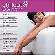 A woman wearing a pink tank top lounges on a white chair with headphones on; above her, the title of the album is visible on a pink background in a white font.