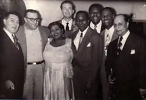 From left: Jack Teagarden, Sandy DeSantis, Velma Middleton, Fraser MacPherson, Cozy Cole, Arvell Shaw, Earl Hines, Barney Bigard at the Palomar Supper Club in Vancouver, B. C. (17 March 1951)