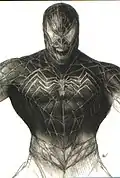 Concept art for Venom's costume, which is a black-white version of Spider-Man's suit, but more muscular and with an open mouth with sharp teeth