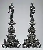Andiron fronts with Venus and (?) Mars. Design by Girolamo Campagna, possibly made in 17th century. .mw-parser-output .frac{white-space:nowrap}.mw-parser-output .frac .num,.mw-parser-output .frac .den{font-size:80%;line-height:0;vertical-align:super}.mw-parser-output .frac .den{vertical-align:sub}.mw-parser-output .sr-only{border:0;clip:rect(0,0,0,0);clip-path:polygon(0px 0px,0px 0px,0px 0px);height:1px;margin:-1px;overflow:hidden;padding:0;position:absolute;width:1px}44+1⁄2 inches (113&nbsp;cm) high