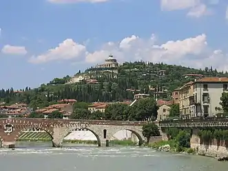Adige river and Ponte Pietra in Verona.