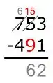 15 − 9 = ... Now the subtraction works, and we write the difference under the line.