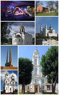 Left:Vitebsk Slavianski Bazaar, Vitebsk Annunciation Church, Pieramohi Offensive Monument in Pieramohi Square, Vitebsk Christ Resurrection Church, Right:Vitebsk Mark Chagali House, Vitebsk Assumption Cathedral, Vitebsk City Hall (all items listed from top to bottom)