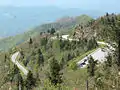 View of the Waterrock Knob parking lot and the Blue Ridge Parkway from the summit of Waterrock Knob