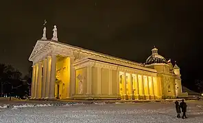 Side view of the Vilnius Cathedral at night