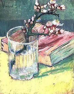 Blossoming Almond Branch in a Glass with a Book1888Private Collection (F393)