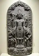 11th-century Vishnu sculpture the goddesses Lakshmi and Sarasvati. The edges show reliefs of Vishnu avatars Varaha, Narasimha, Balarama, Rama, and others. Also shown is Brahma. (Brooklyn Museum)