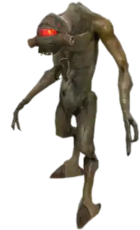 A biped alien with mottled brown skin. The creature has a hunched appearance, digitigrade legs, hooved feet and three arms. The third arm, the smallest, protrudes from the thorax. Each arm has two claws. The face is dominated by a large red eye, with three smaller eyes above it, and a small mouth with sharp teeth visible.