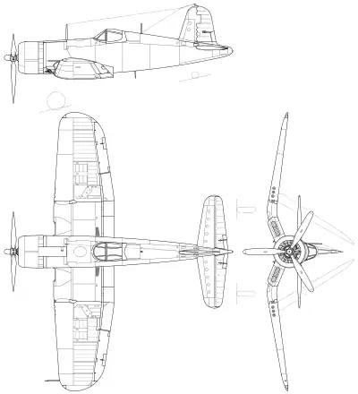 3-view line drawing of the Vought F4U-1 Corsair