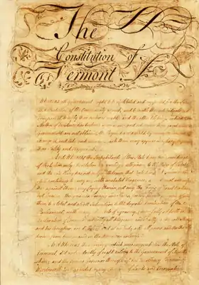 Image 46Vellum manuscript of the Constitution of Vermont, 1777. This constitution was amended in 1786, and again in 1793, two years after Vermont's admission to the federal union in 1791. See Constitution of Vermont (1777) and Constitution of Vermont. (from History of Vermont)