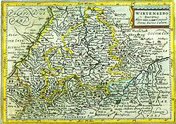 Topographical map of the Duchy of Württemberg in southern Germany, circa 1619.