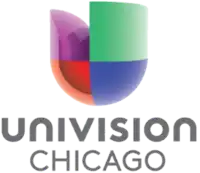 The Univision network logo, a 3D compilation of purple, red, green and blue elements that loosely form the letter U. Underneath are the words "Univision" and "Chicago" in two lines in a gray sans serif, with the name "Univision" in unicase.