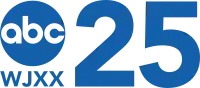 All rendered in blue: Next to the ABC network logo, a disk with white letters "abc", the numeral "25". The letters WJXX in a sans serif, also in black and drop shadowed in white and red, appear below the ABC.