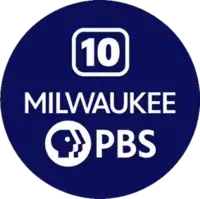Within a dark blue disk, three lines of text appear, all in white. The first features a number "10" appearing within a curved rectangle, a stylized representation of an older standard-definition television. The second line of text reads "MILWAUKEE" in all capitals, and the third line features the current PBS logomark, with its "Head" element in a circle next to the words "PBS" on the right.