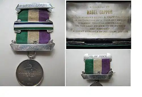 UK WSPU Hunger Strike Medal 30 July 1909 including the bar 'Fed by Force 17 September 1909'. The Medal awarded to Mabel Capper records the first instance of forcible feeding of Suffragette prisoners in England at Winson Green Prison.