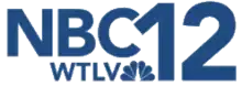 Next to the NBC network logo, a six-feathered, multi-colored peacock, a gray "12", with the 1 higher than the 2. The letters WTLV in a sans serif, also in gray, sit below the 12.