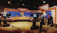 An orange, cream, and blue set in 1970s decor