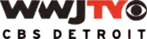  Top row of text shows "WWJ TV", "WWJ" in black and "TV" in red, with the CBS eye logo next to the "V". Bottom row of text is "CBS Detroit" in a smaller size.
