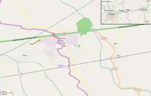 OSM map showing Attari and Wagah, their railway stations, and the Wagah border crossing. In the upper corner is shown the position of the villages between the cities of Lahore and Amritsar (click to expand)