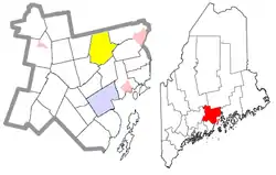 Location of Monroe (in yellow) in Waldo County and the state of Maine