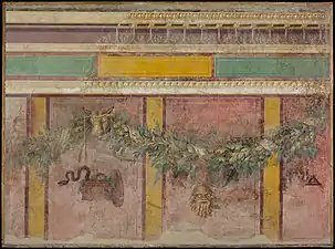 Trompe-l'œil wall painting from a Roman villa, with festoons and bucrania, circa 50-40 BC, in the Metropolitan Museum of Art (New York City)