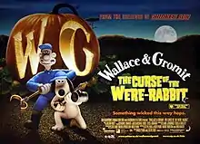 British poster featuring Wallace and Gromit, with a giant carved pumpkin that reads "WG" behind them. The title "Wallace & Gromit The Curse of the Were-Rabbit", the text "Something wicked this way hops.", and the names of director, producer, music composer, and screenplay appear at the right.