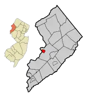 Map of Belvidere in Warren County. Inset: Location of Warren County highlighted in the State of New Jersey.