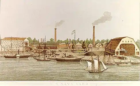 Colored lithograph of Washington Navy Yard, circa 1862